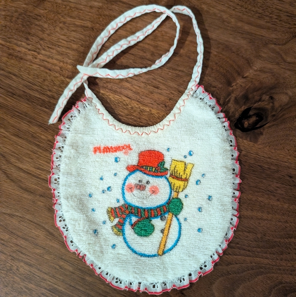 80s 90s Vintage Playskool Festive Snowman Baby Bib